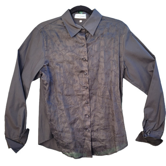 Anne Fountaine Paris Long Sleeve Black Sheer Embroidered Button‎ Up Shirt - Picture 1 of 7